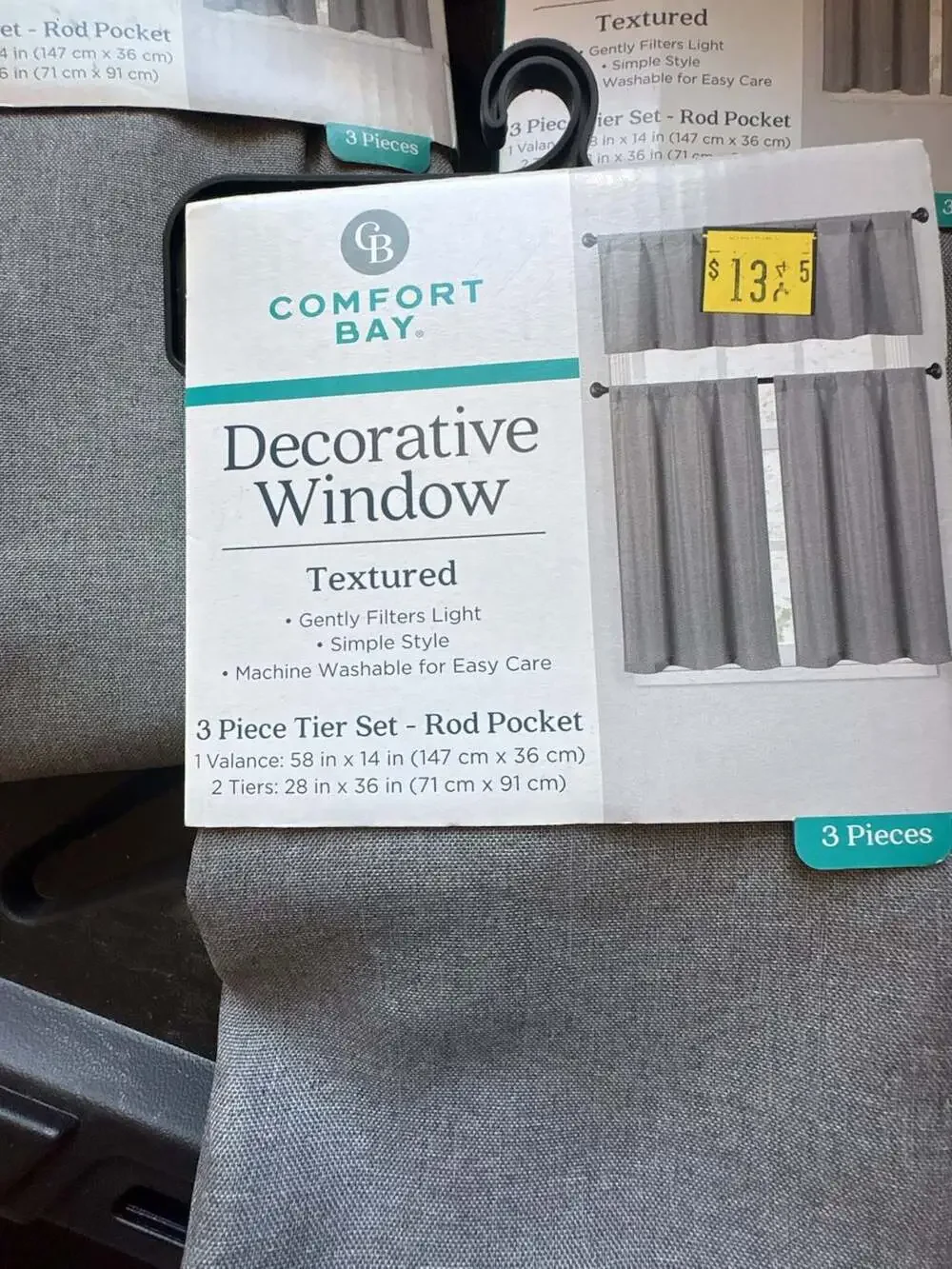 Comfort Bay Textured Gray 3 Piece Tier Set - Rod Pocket